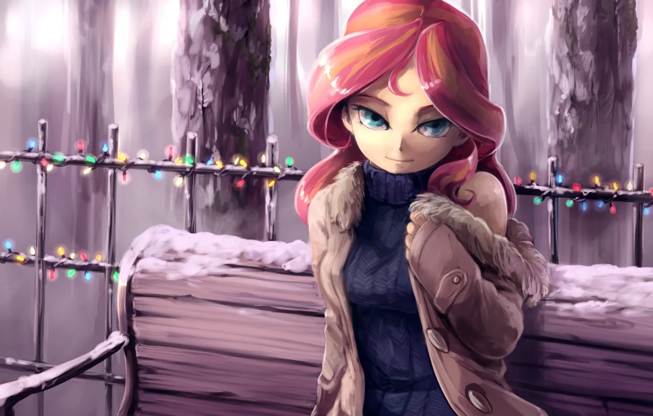 Фото обои снег, Девушка, арт, лавочка, голубые глаза, фонарики, свитер, My Little Pony