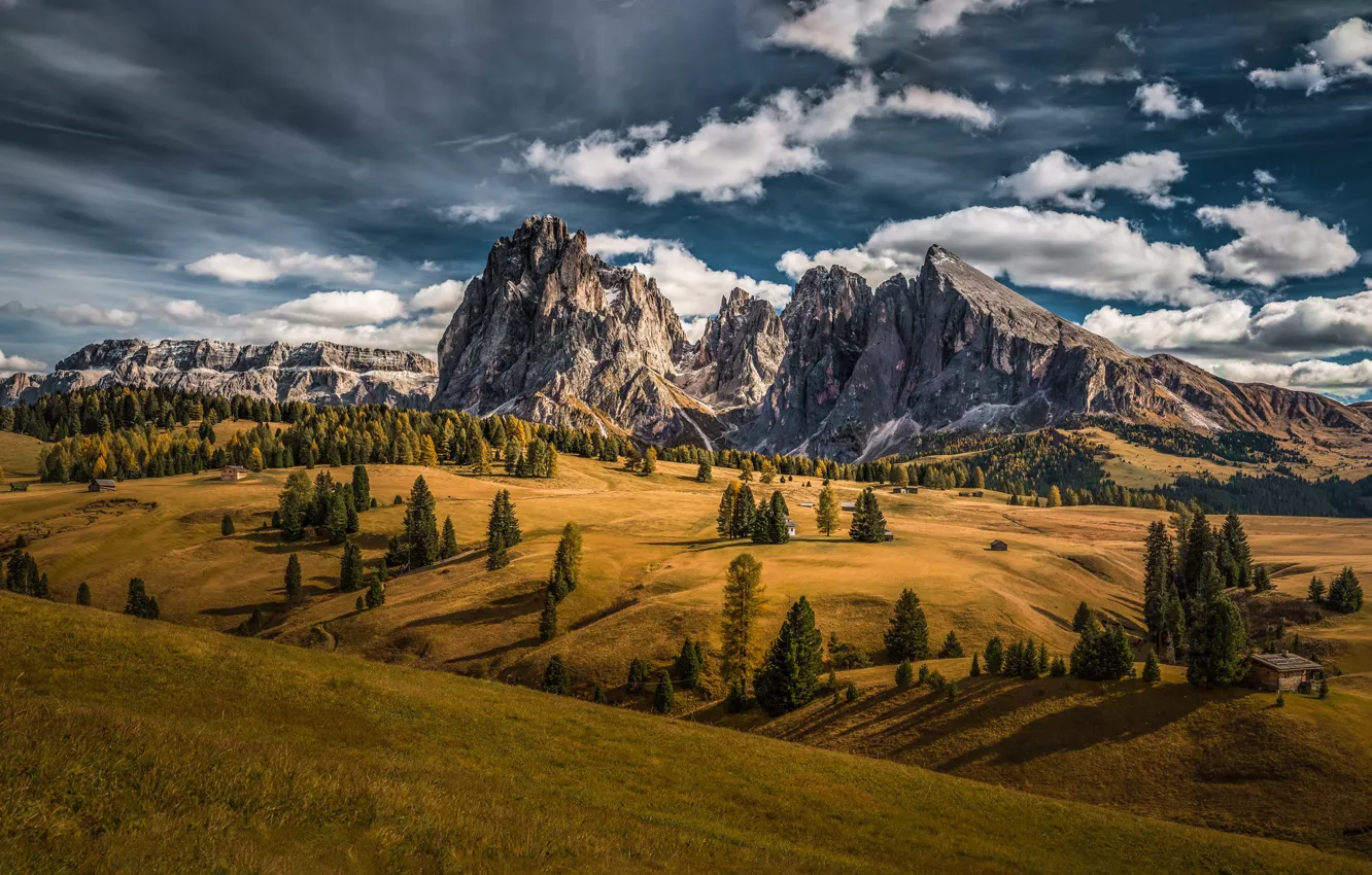 Фото обои облака, деревья, горы, долина, Италия, Italy, Доломитовые Альпы, Dolomites