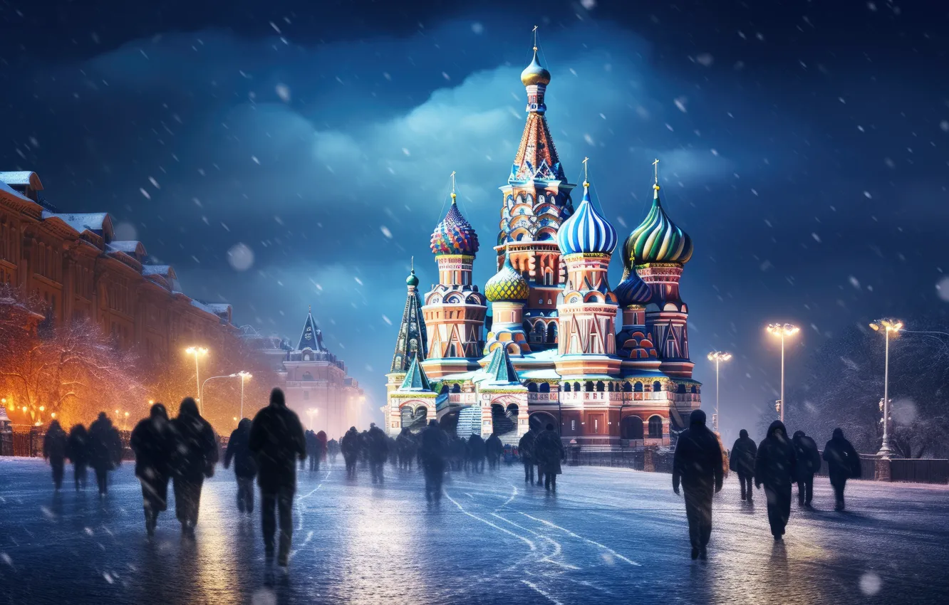 Фото обои небо, ночь, город, люди, вид, здания, Рождество, Москва