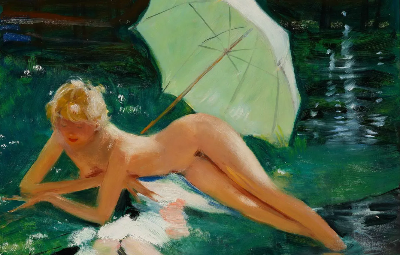 Фото обои зонтик, блондинка, Модерн, Jean-Gabriel Domergue, Обнаженная у воды