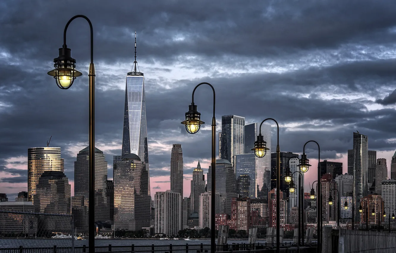 Фото обои Нью-Йорк, фонари, New York City, Liberty Park