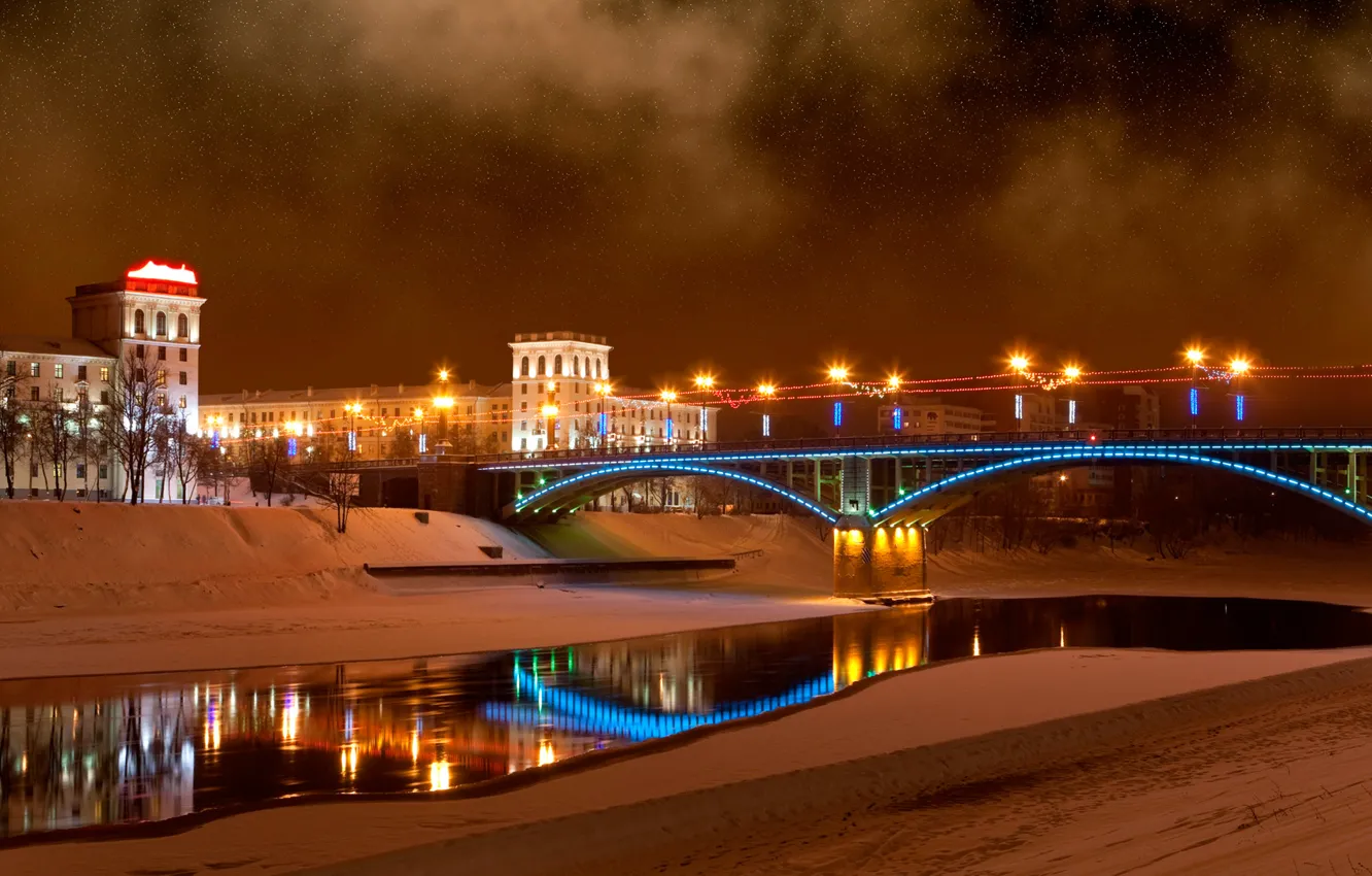 Фото обои мост, речка, зимняя ночь