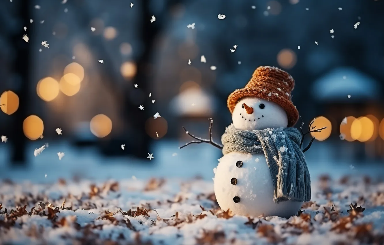 Фото обои зима, снег, Рождество, Новый год, снеговик, Christmas, snow, bokeh
