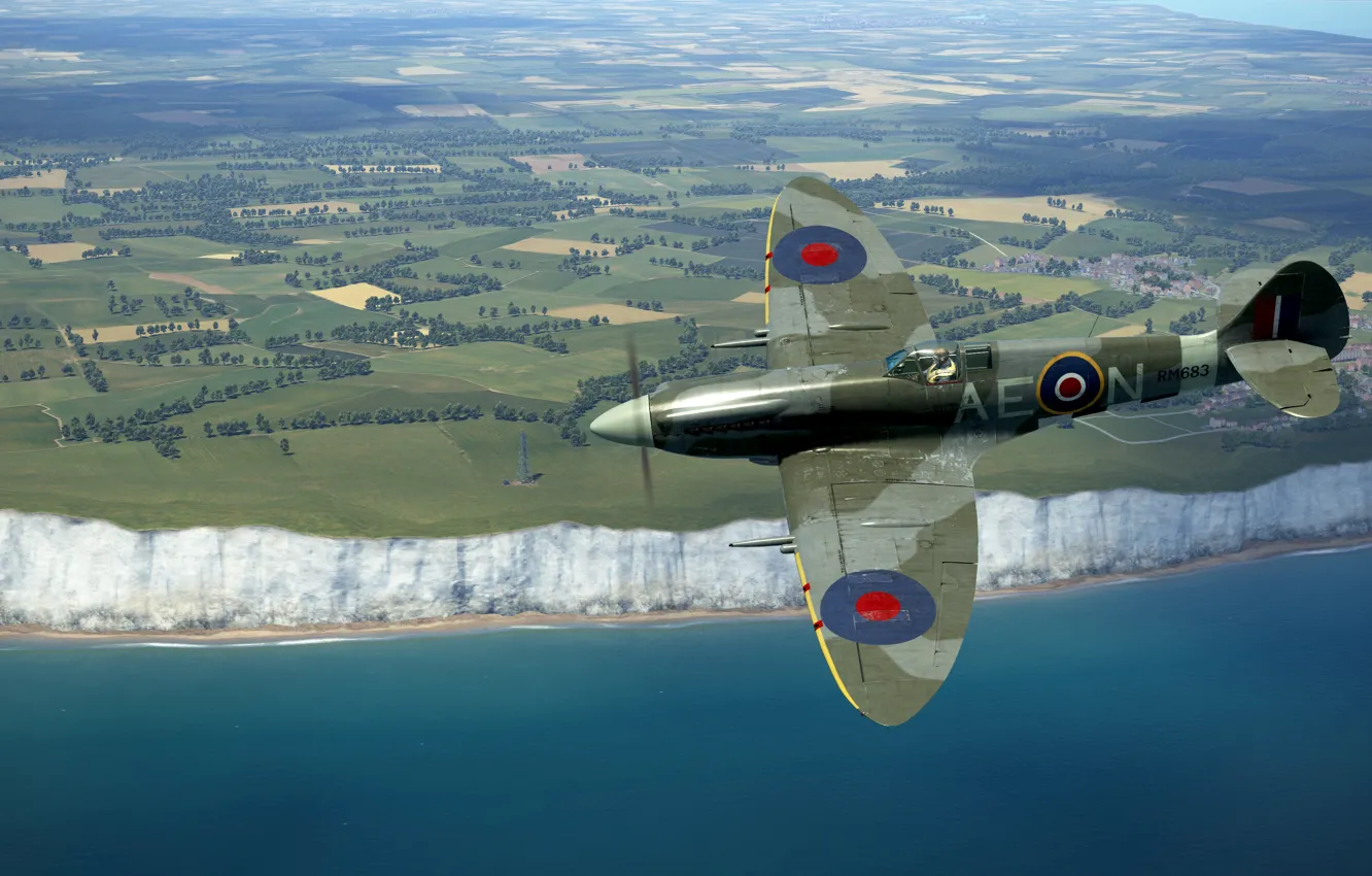 Фото обои Британия, Фронтовой истребитель, Reginald Joseph Mitchell, Spitfire Mk.XIVc над скалами Дувра