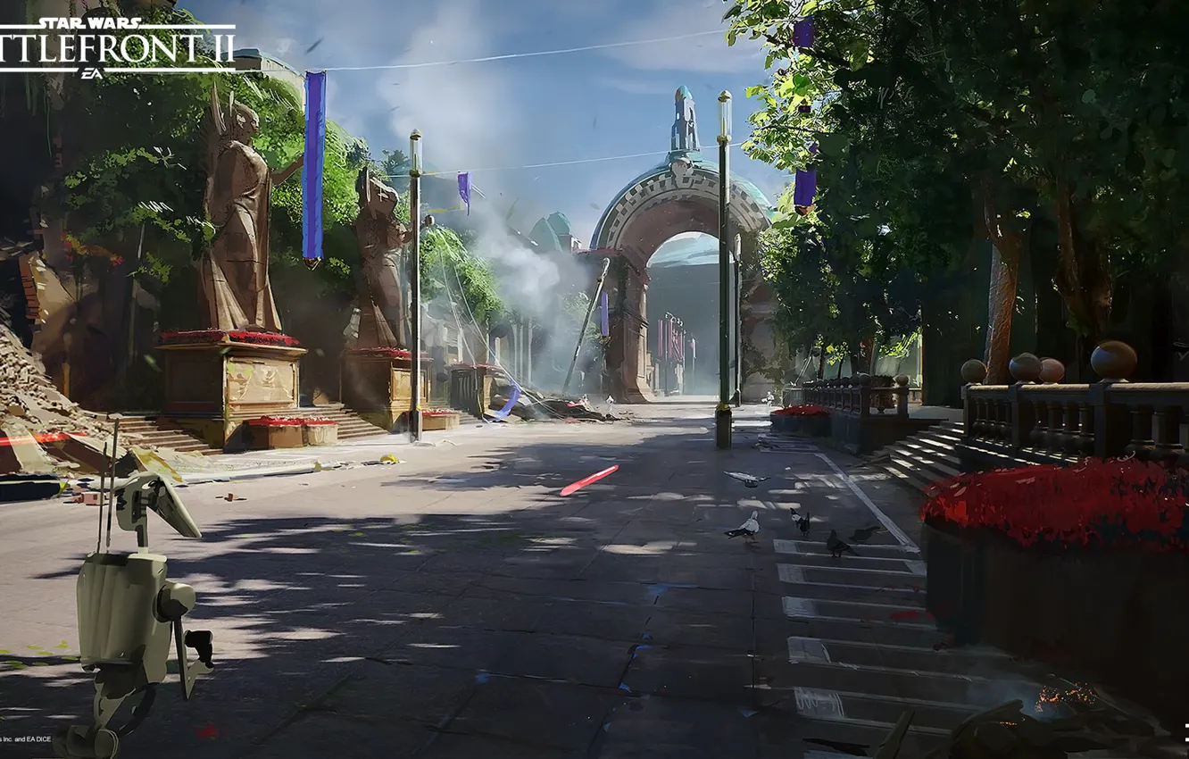 Фото обои дорога, робот, арка, Star Wars Battlefront II, Theed City