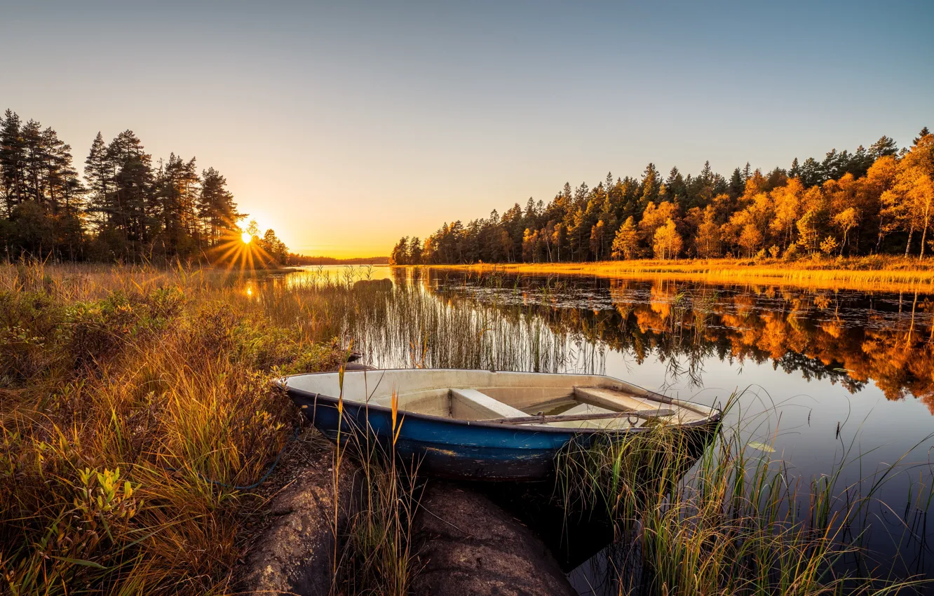 Фото обои Осень, Озеро, Лодка, Швеция, Sweden, Autumn, Lake, Boat