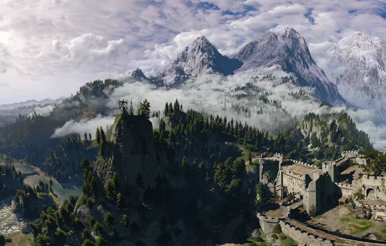 Фото обои деревья, природа, красота, панорама, крепость, The Witcher 3: Wild Hunt, Ведьмак 3: Дикая Охота, Каэр …