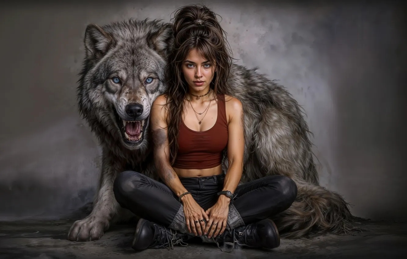 Фото обои girl, wolf, AI art