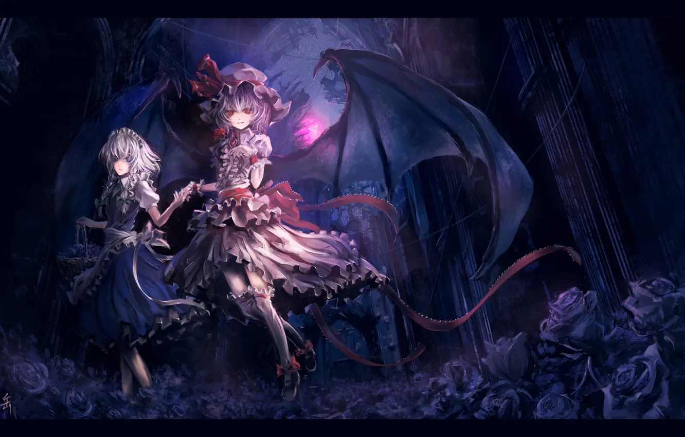 Фото обои девушки, розы, крылья, демоны, touhou, remilia scarlet, izayoi sakuya