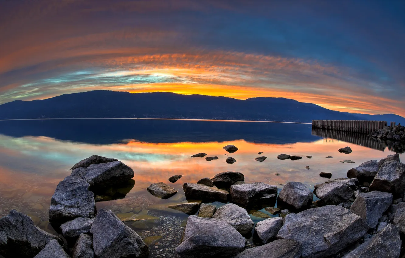 Фото обои sunset, water, lake, rocks
