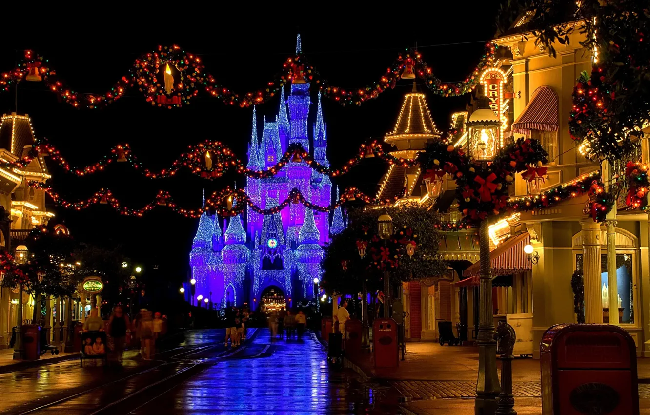 Фото обои украшения, огни, замок, улица, вечер, Рождество, USA, Диснейленд