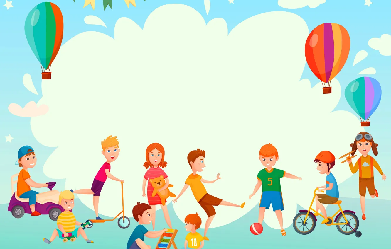 Фото обои Дети, Велосипед, Девочки, Мальчики, Векторная графика, Играют, Воздушне шары