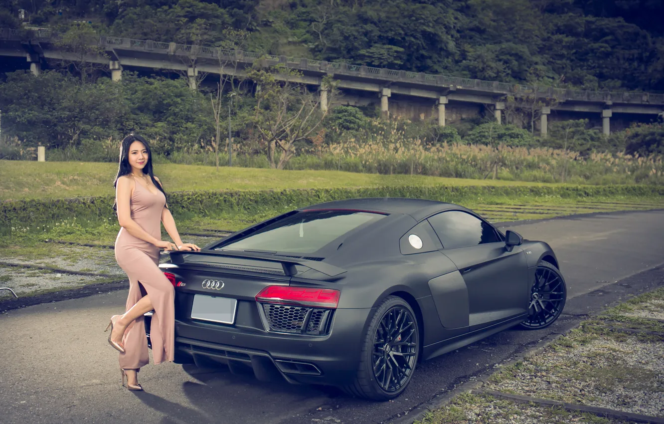 Фото обои авто, взгляд, Девушки, азиатка, Audi R8, красивая девушка, Jasmine, позирует над машиной