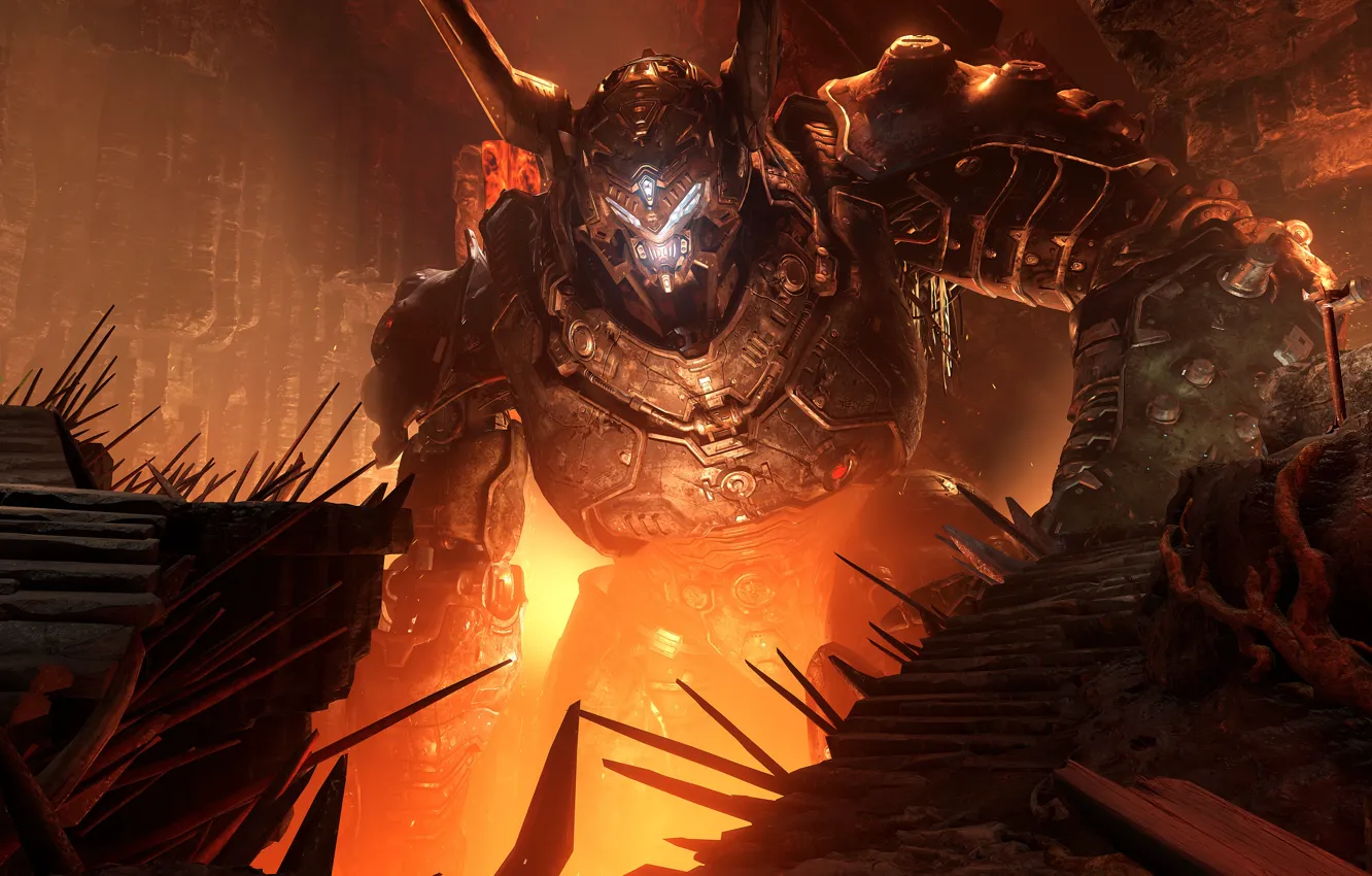 Фото обои робот, пещера, DOOM Eternal