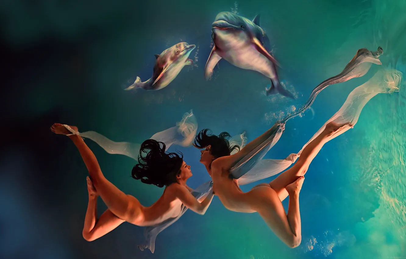 Фото обои море, фантазия, девушки, дельфины