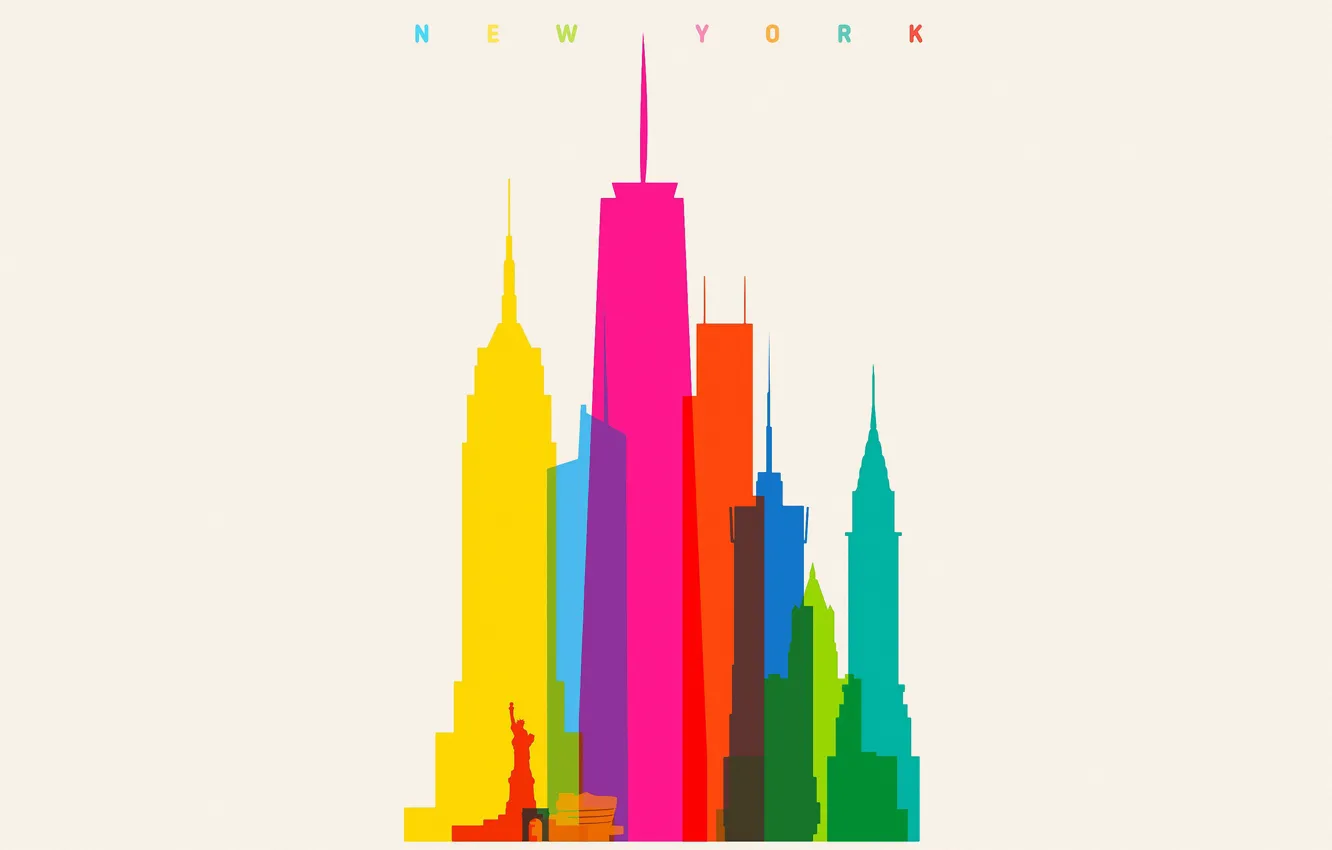 Фото обои colorful, USA, minimalism, New York, Empire State Building, digital art, artwork, Statue of Liberty