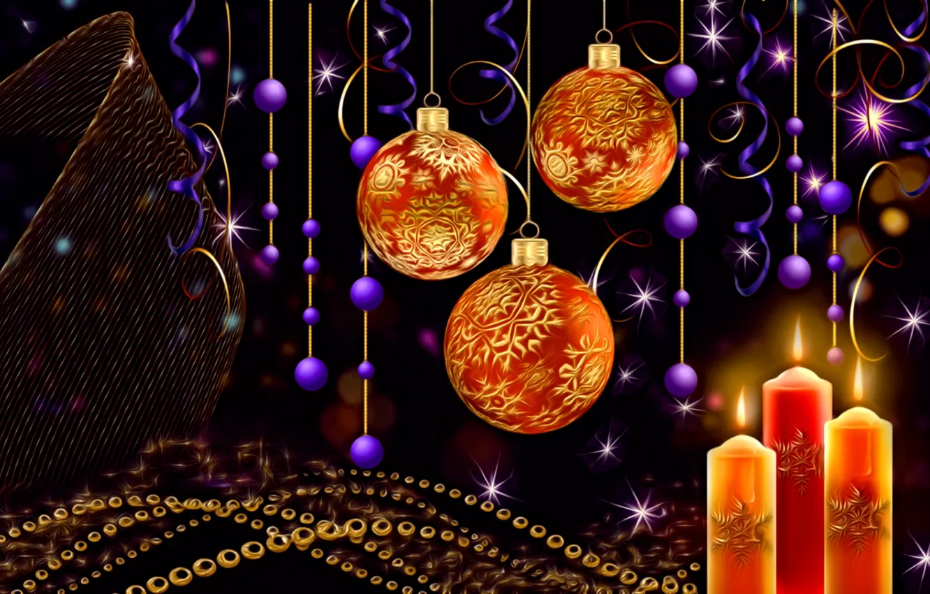 Фото обои шарики, свет, темный фон, рендеринг, свечи, Новый Год, искры, Рождество