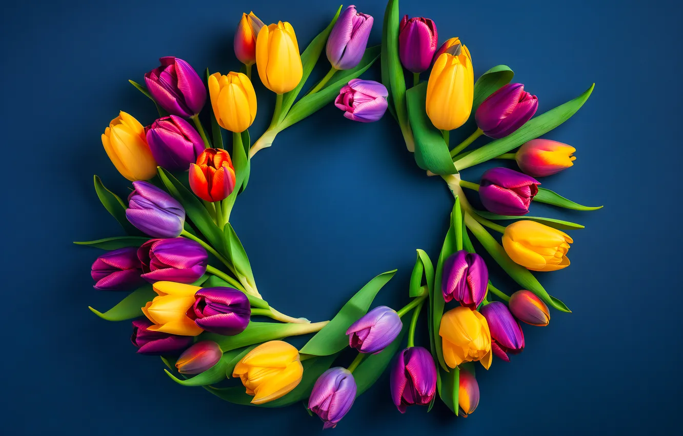 Фото обои цветы, colorful, тюльпаны, венок, flowers, tulips, spring, wreath