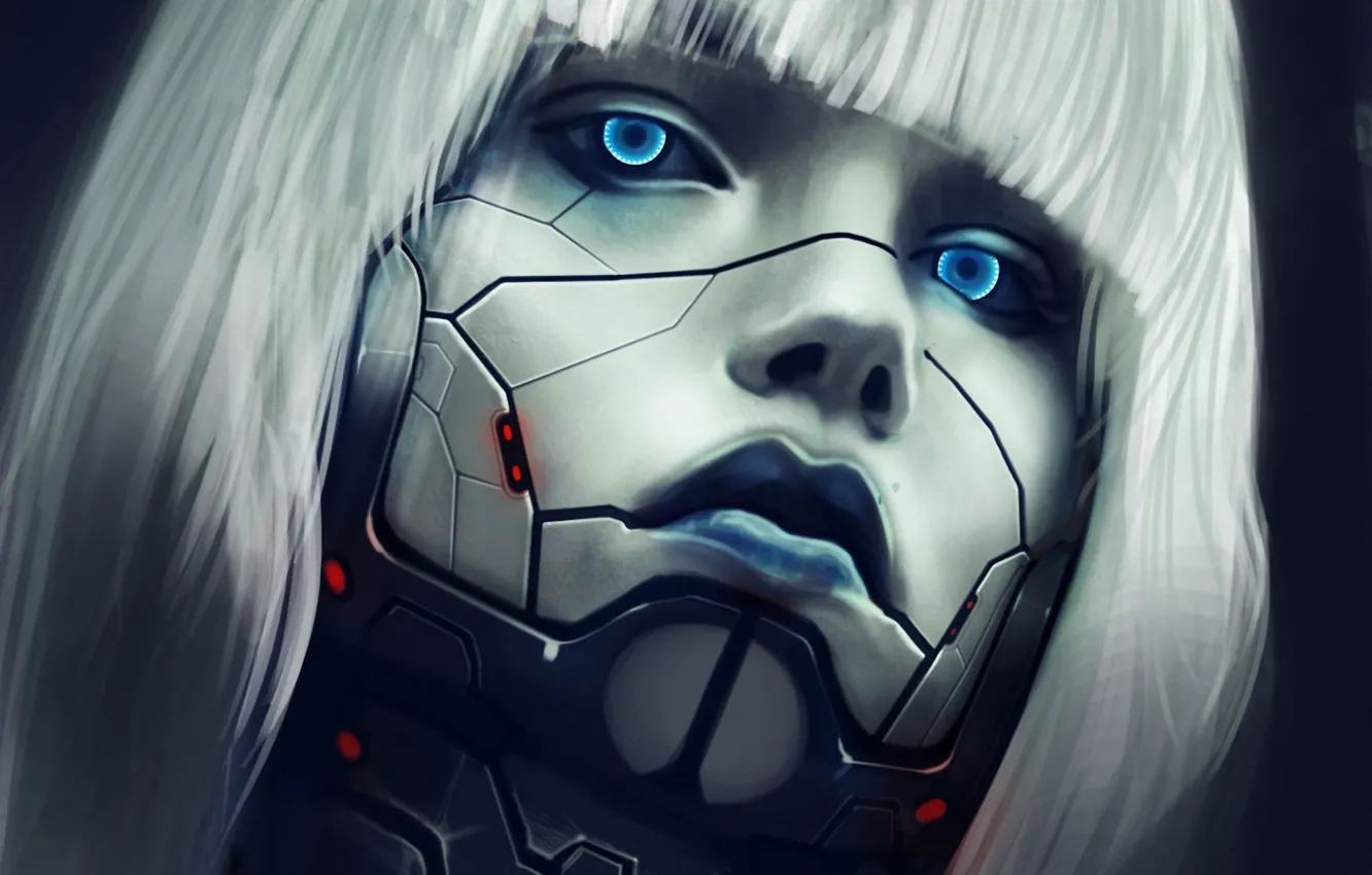 Фото обои девушка, линии, металл, лицо, волосы, робот, арт