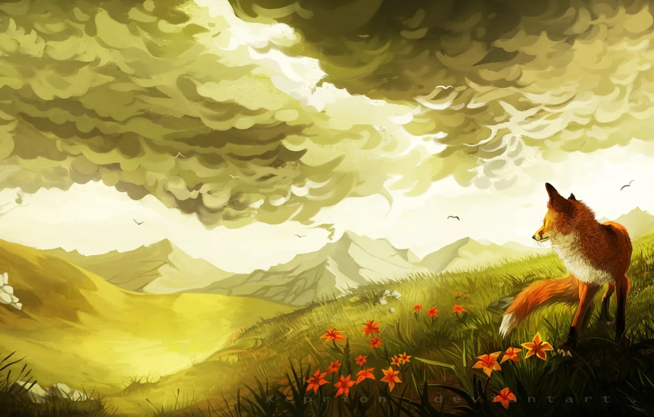 Фото обои зелень, облака, цветы, птицы, холмы, арт, лиса, нарисованный пейзаж
