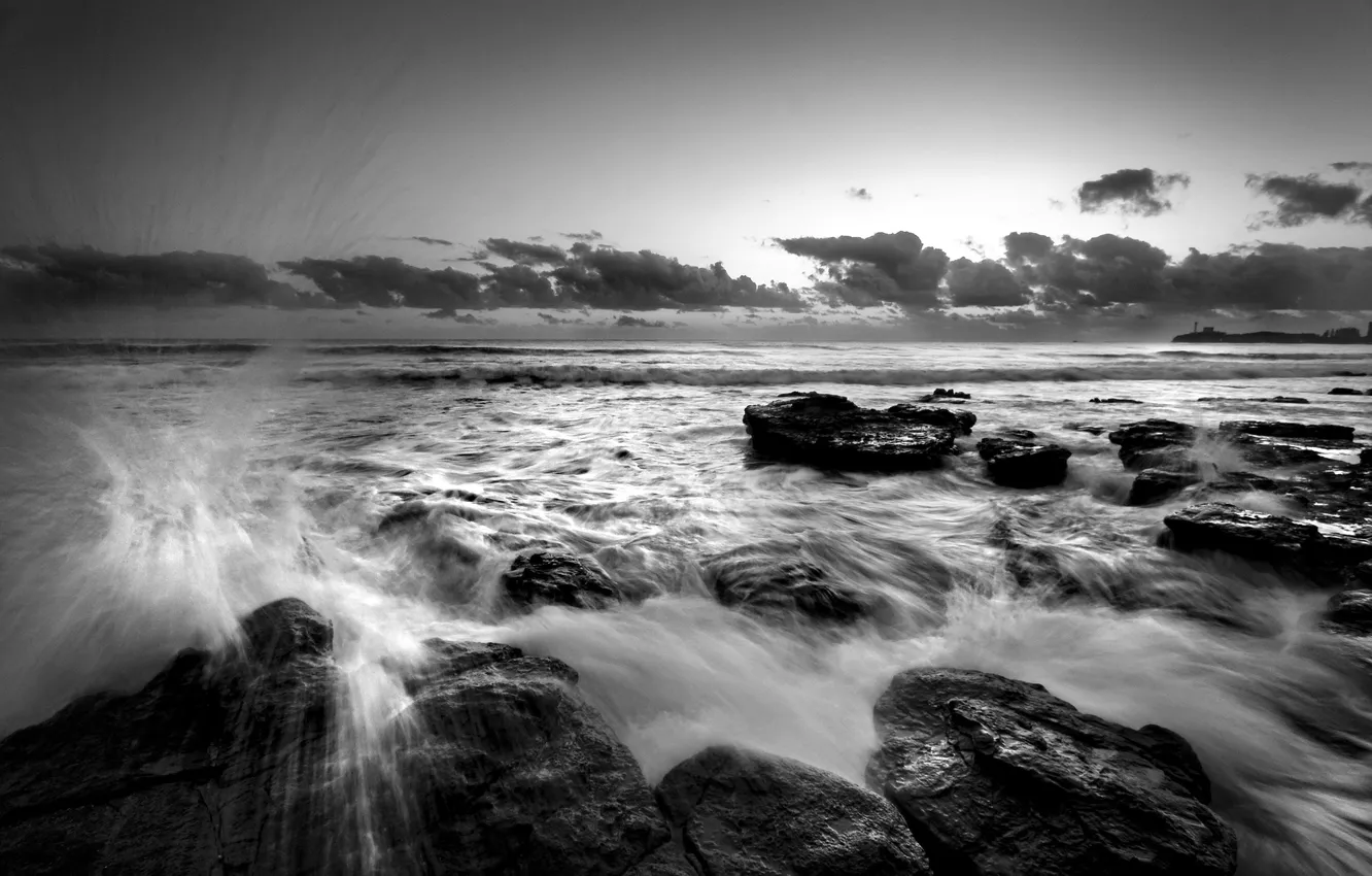Фото обои брызги, камни, волна, water, море черно белое
