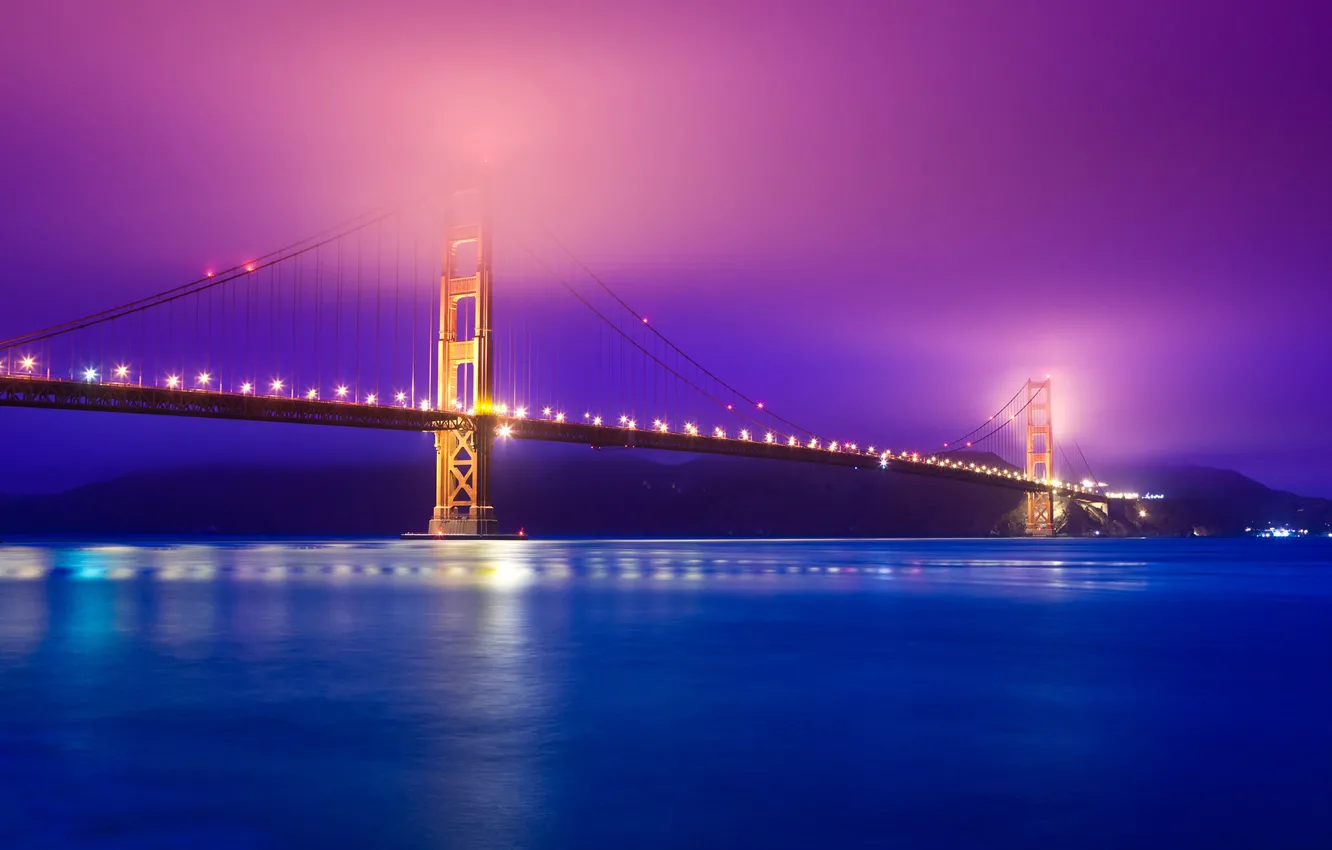 Фото обои ночь, мост, огни, туман, пролив, фонари, Золотые Ворота, Golden Gate Bridge