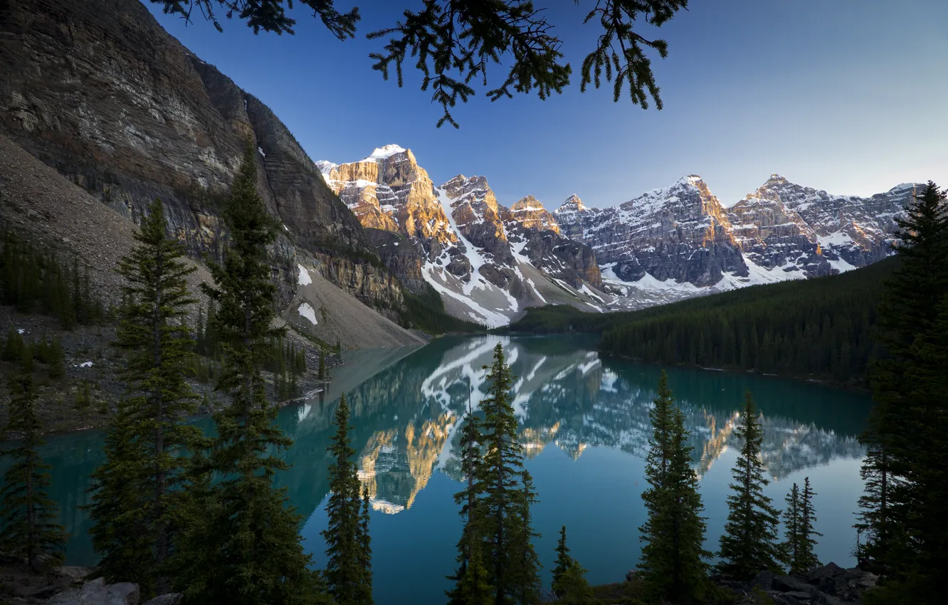 Фото обои лес, горы, озеро, утро, Banff National Park, Moraine Lake
