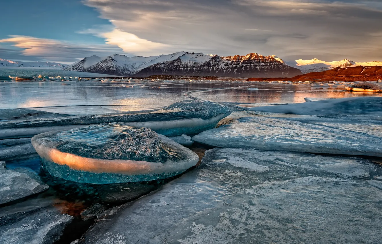 Фото обои лед, снег, горы, природа, озеро, берег