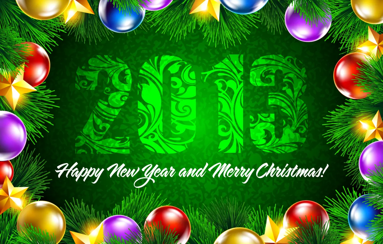 Фото обои украшения, зеленый, фон, шары, звезда, звёзды, Новый год, Happy New Year