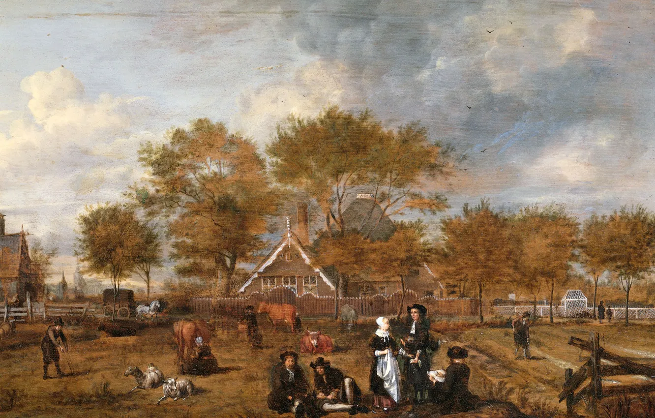 Фото обои пейзаж, дерево, масло, картина, Jan Pietersz Opperdoes, Крестьянская Усадьба