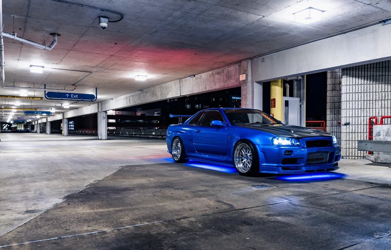 Фото обои Blue, Lights, R34, Parking, NISMO