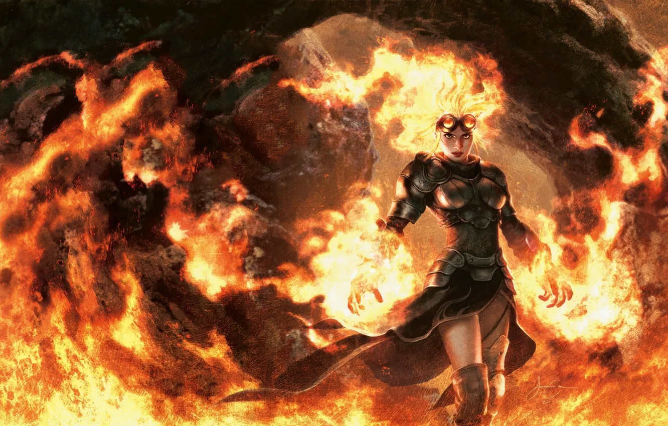 Фото обои девушка, огонь, пламя, доспехи, маг, fire, flame, girl