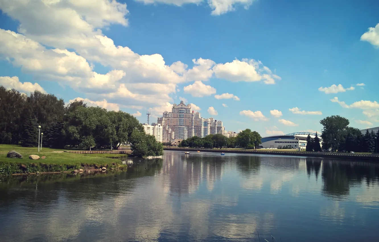 Фото обои лето, природа, город, отражение, река, здание, центр, Беларусь