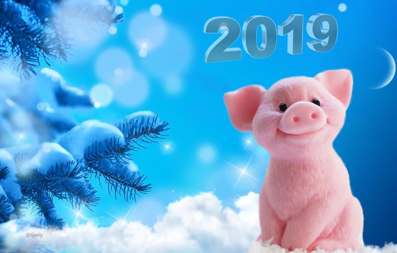 Фото обои снег, снежинки, луна, новый год, ёлка, свиньи, 2019