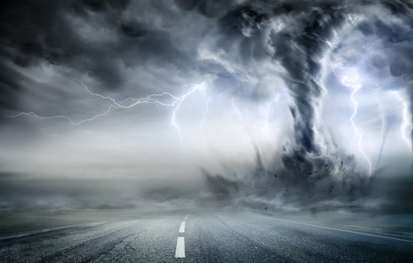 Фото обои storm, road, sky, tornado, thunder, powerful, science, vortex