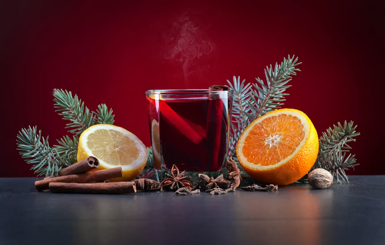 Фото обои стакан, стол, фон, лимон, новый год, горячий, апельсин, рождество
