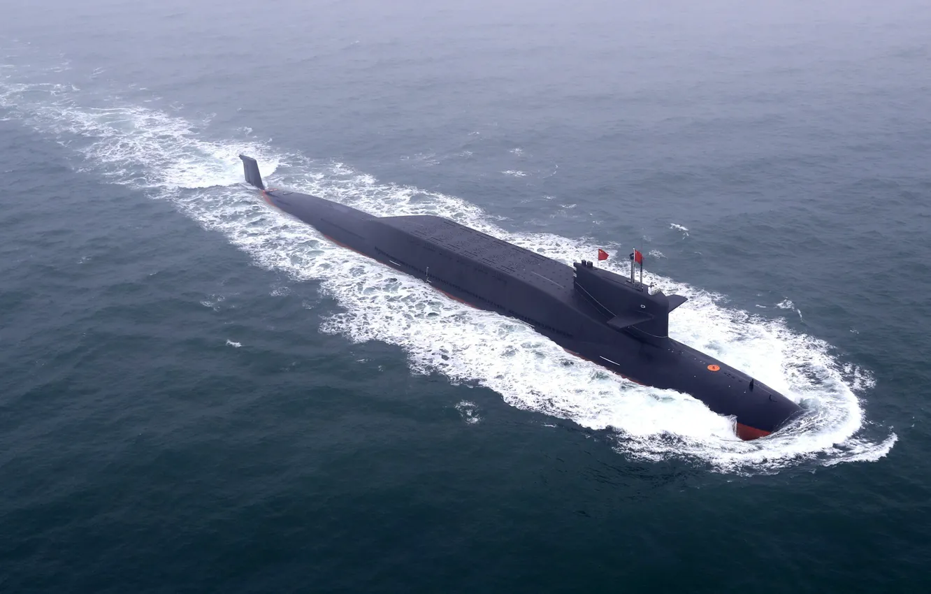Фото обои Волны, ПЛАРБ, Атомная подводная лодка, ВМС КНР, Подводные лодки проекта 094 «Цзинь»