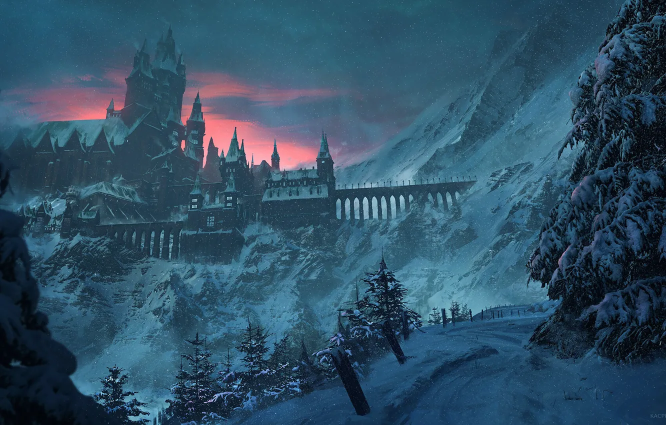 Фото обои зима, снег, деревья, горы, мост, замок