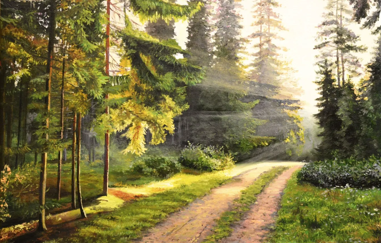 Фото обои дорога, лес, лучи, пейзаж, рассвет, картина, утро, живопись