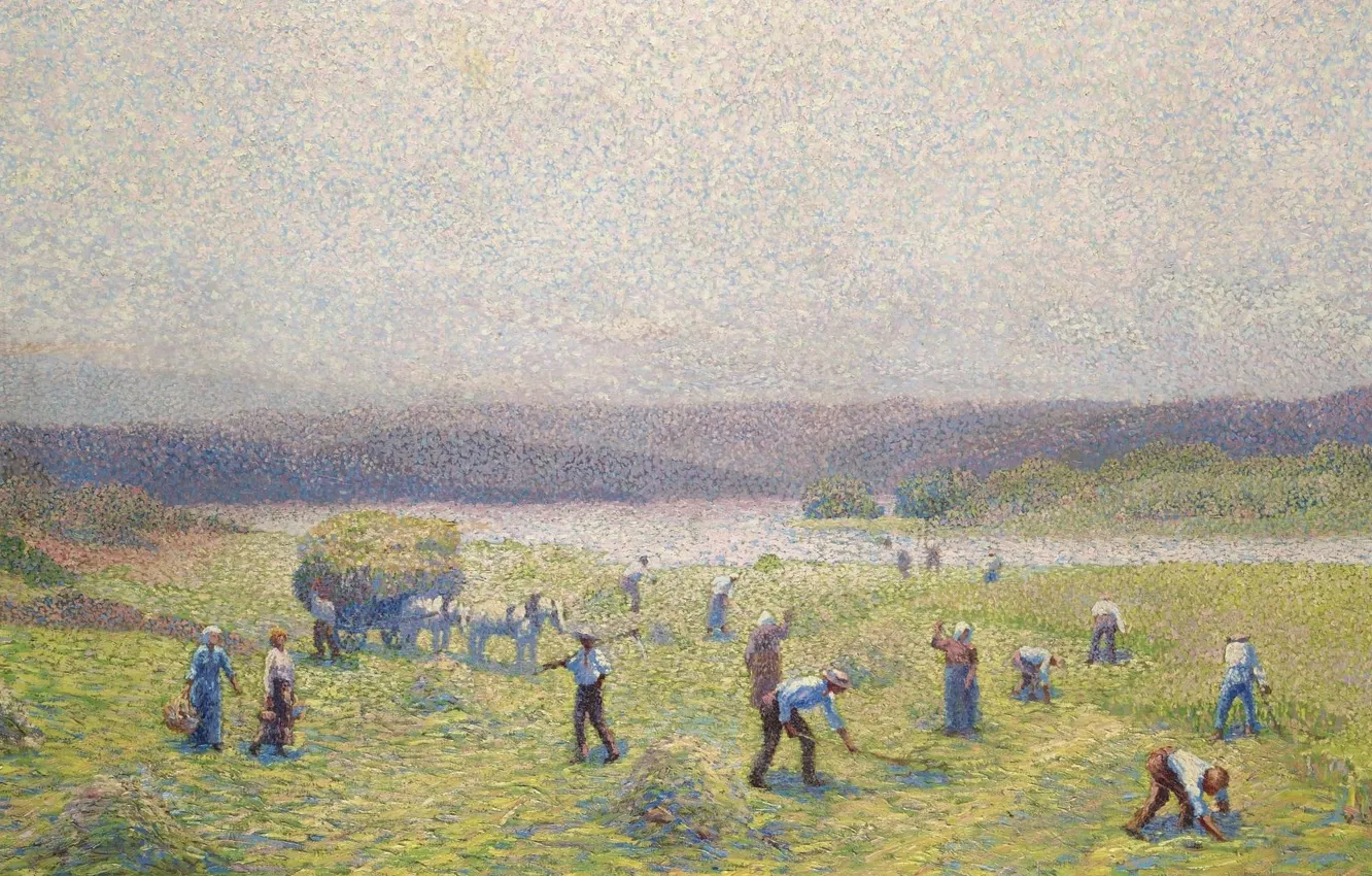 Фото обои люди, картина, сено, пуантилизм, Andre Leveille, The Dryers of Hay