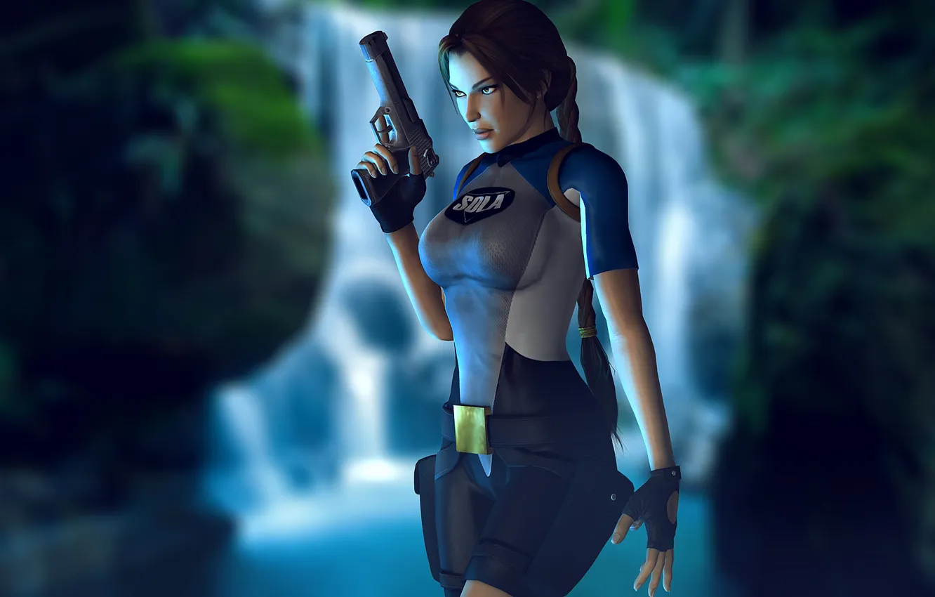 Фото обои оружие, волосы, пистолеты, водопад, костюм, перчатки, косичка, Lara Croft
