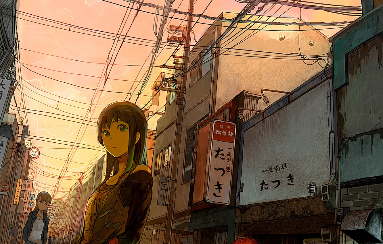 Фото обои взгляд, город, улица, провода, япония