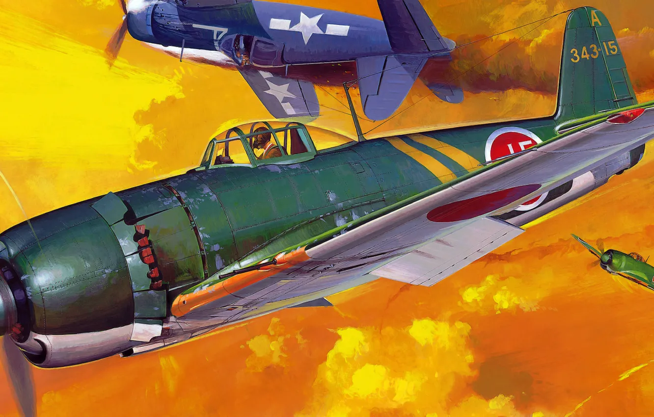 Фото обои war, art, airplane, painting, aviation, ww2, Kawanishi N1K