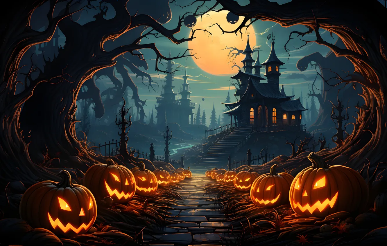 Фото обои Дома, Ночь, Деревья, Луна, Тыквы, Halloween, Хэллоуин, Летучие мыши