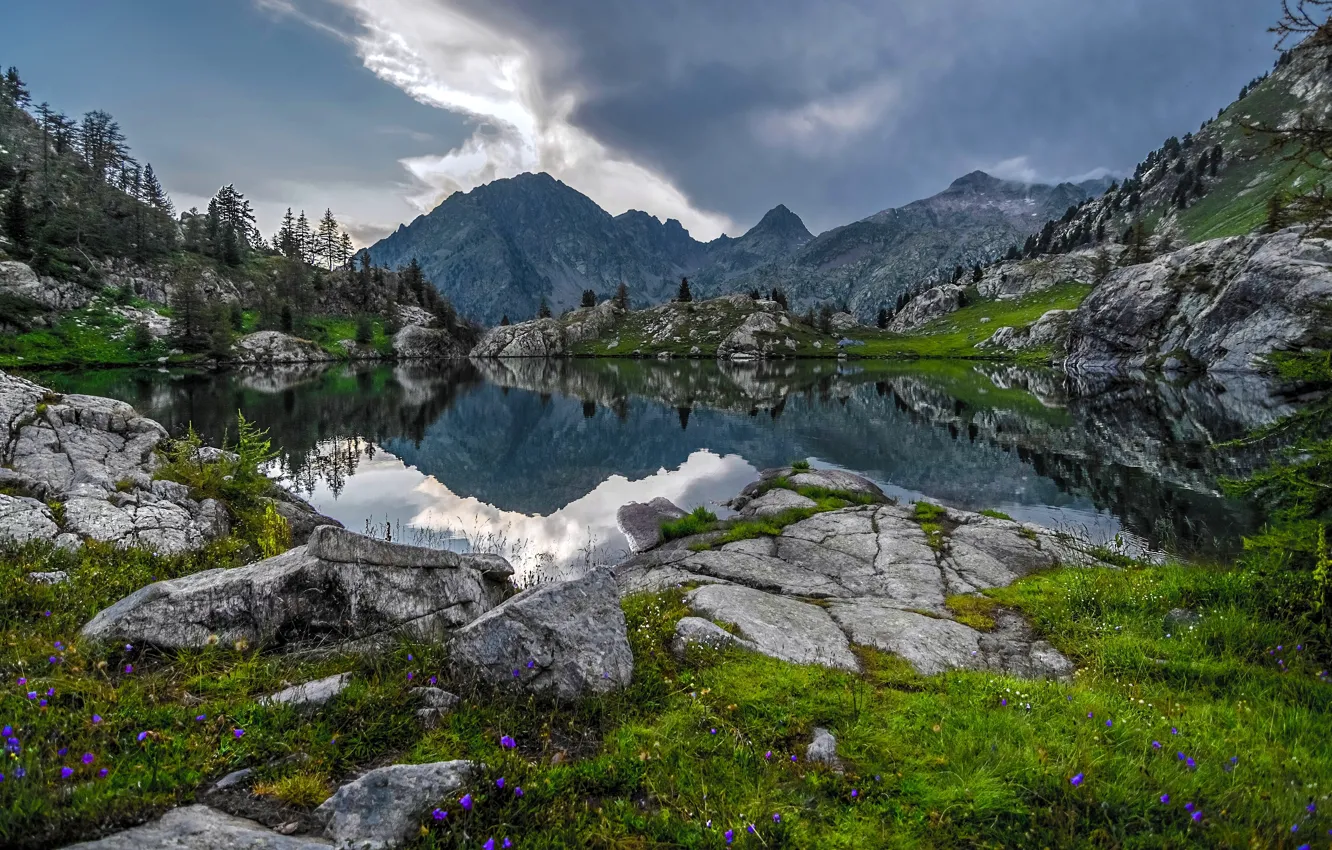 Фото обои горы, озеро, отражение, Франция, Альпы, France, Alps, Национальный парк Меркантур