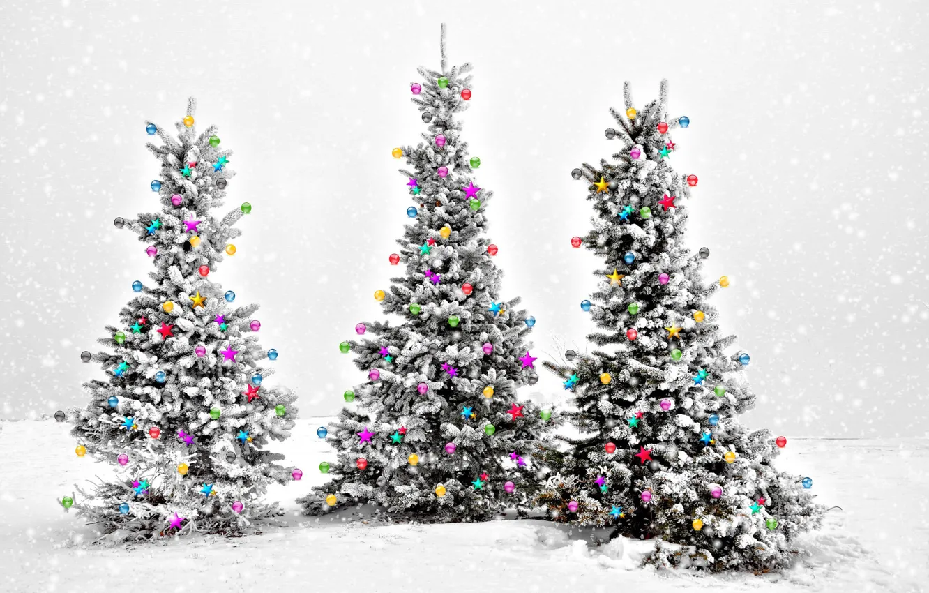 Фото обои зима, шары, Новый год, Christmas, New Year, Ёлки