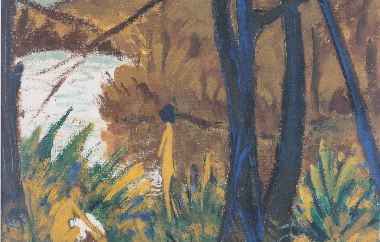 Фото обои деревья, речка, кусты, голые девушки, Экспрессионизм, Otto Mueller, Waldsee mit zwei Akten, ca1912