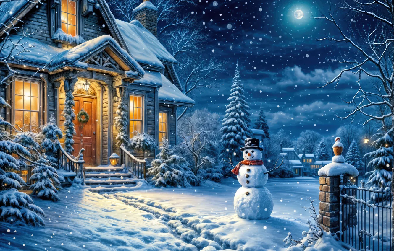 Фото обои house, Christmas, sky, winter, snow, stars, snowman, snowy