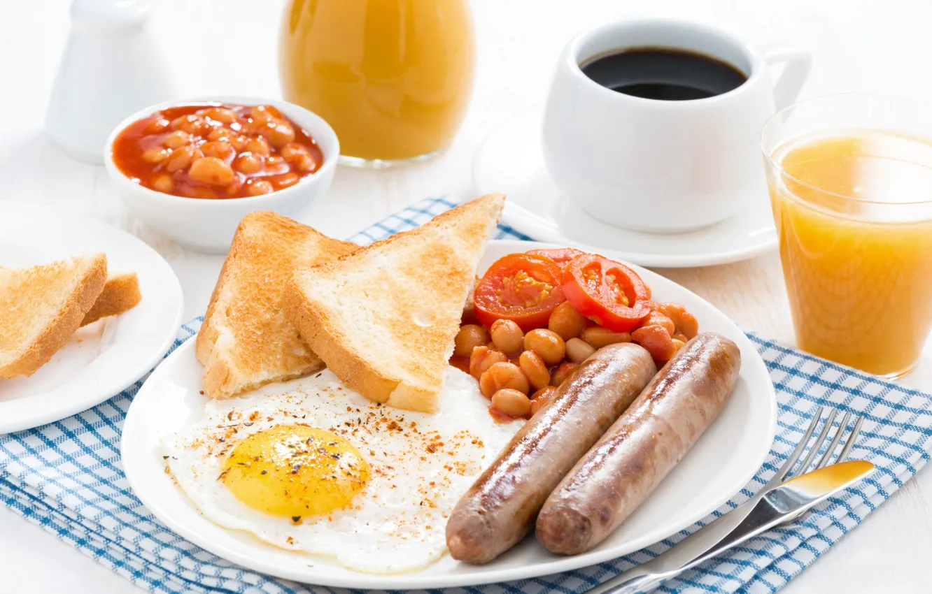 Фото обои яйцо, сосиски, кофе, завтрак, сок, яичница, тосты, бобы