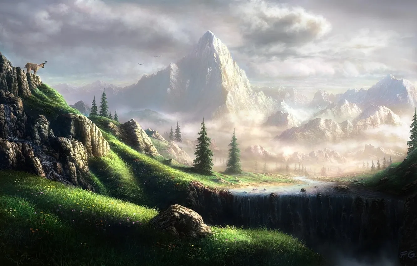 Фото обои пейзаж, горы, водопад, Fel-X, козёл